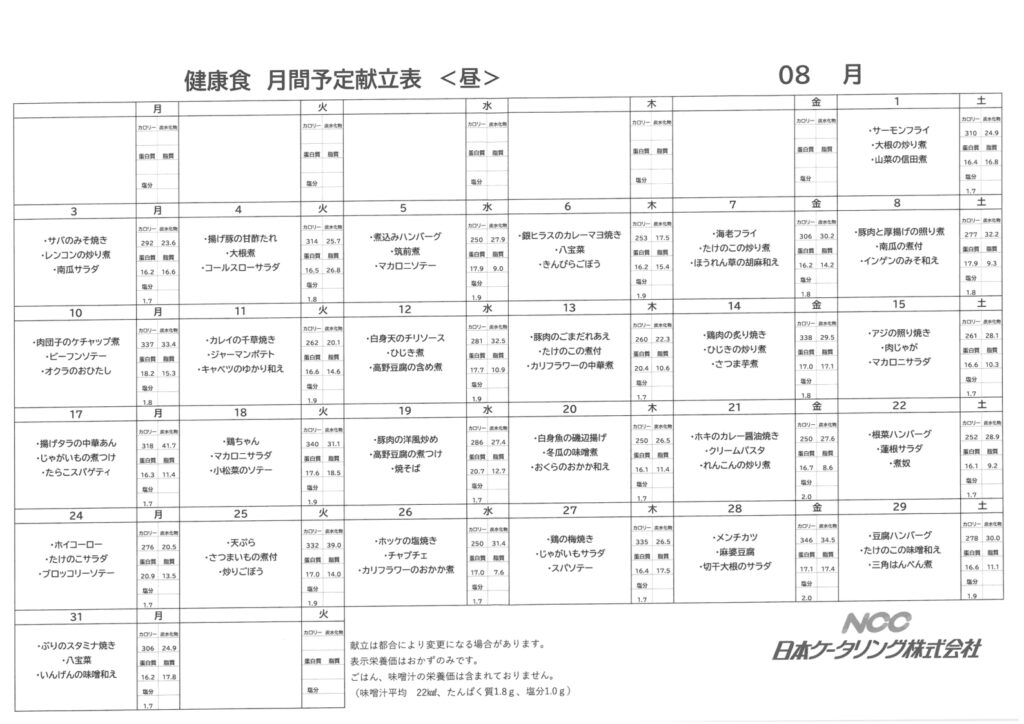2026年8月　なづな昼食献立